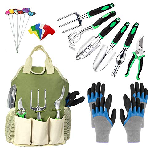 OKZEST 25 Piece Garden Tools Set, Gardening Tool Kit Heavy Duty Stainless Steel Hand Tool with Waterproof Garden Gloves & Organizer Tote Bag and Trowel Pruners and More, Gardening Gifts for Women Men