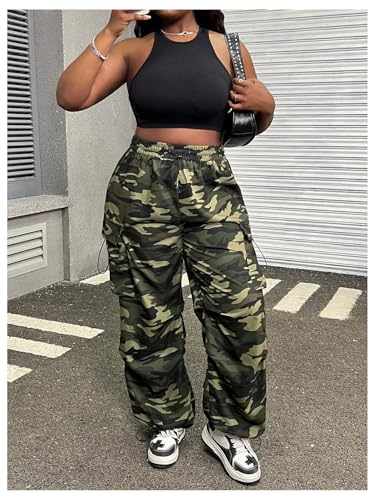 OYOANGLE Women's Plus Size Camo Cargo Pants Y2K Elastic Drawstring Waist Camouflage Wide Leg Trousers4
