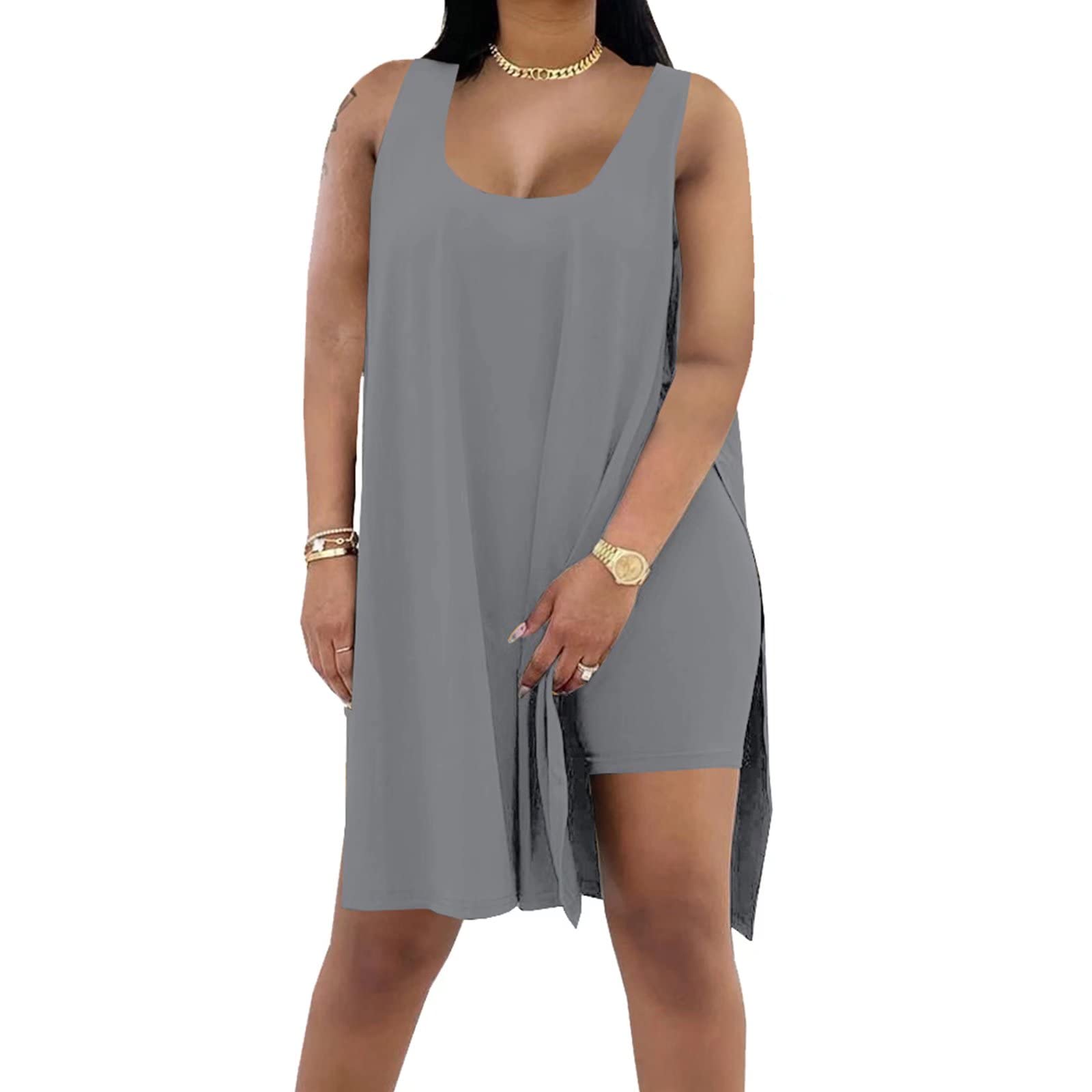 AXOSY Women's Plus Size 2 Piece Outfits Sleeveless Tunic Tops and Bodycon Biker Shorts Sets Tracksuits