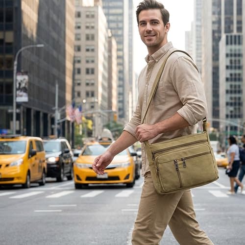Image of POPCUBE Large Canvas Crossbody Sling Bag for Men & Women | 7 Zipper Pockets, 2 Water Bottle Holders, Adjustable Strap | Travel, Office, College Shoulder Bag | Durable Canvas Material, 32x14x27 cm