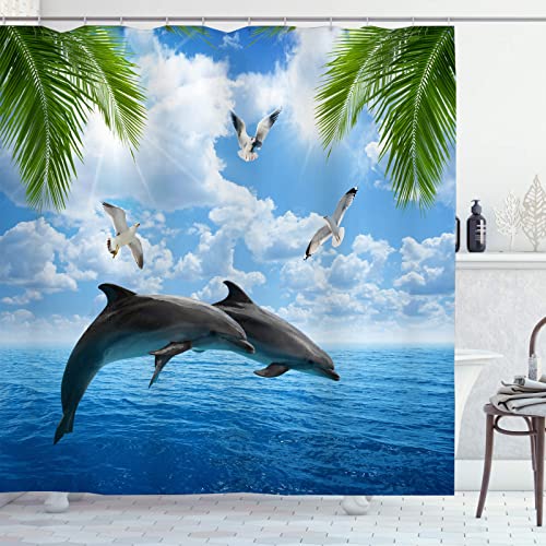 OCEUMACO Cortina de Ducha Antimoho 3D Delfin Pajaros Cortinas de Baño Larga Lavable a Máquina 180x200 Estampada Animales Mar Azul Hojas Verde Tela Poliester Impermeable Opaca con Anillas Cover