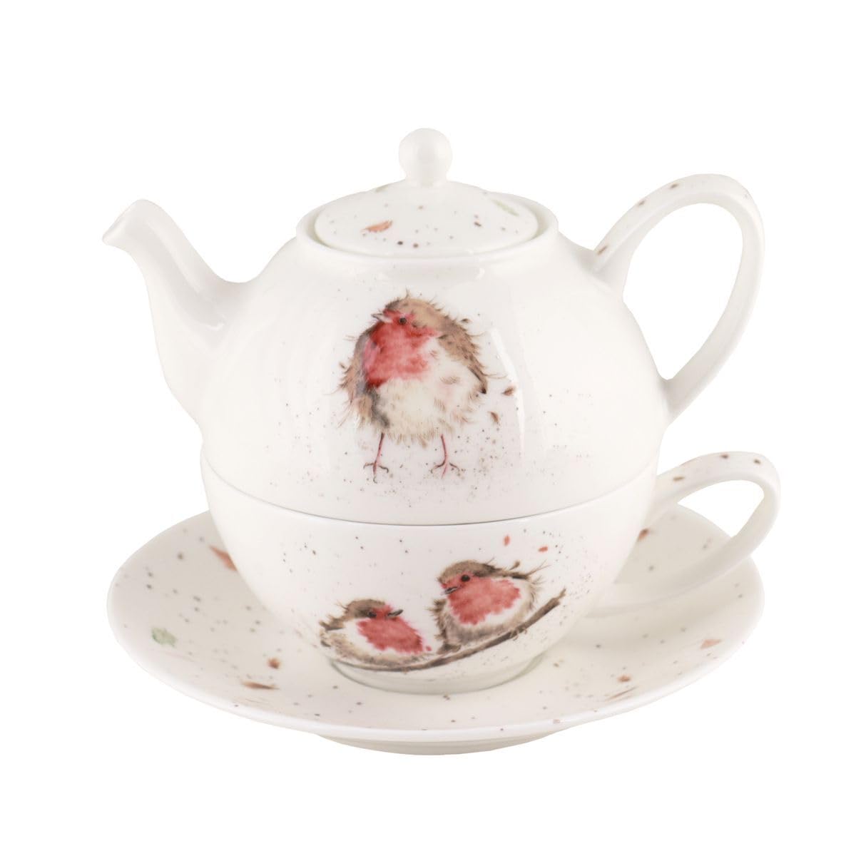 Wrendale Designs Porzellan Tee Set Tea-for-One Rotkehlchen Kanne mit Deckel ca. 410 ml, Tasse ca. 200 ml & Untere Motiven von der britischen Künstlerin Hannah Dale als Geschenk & zum selbst genießen