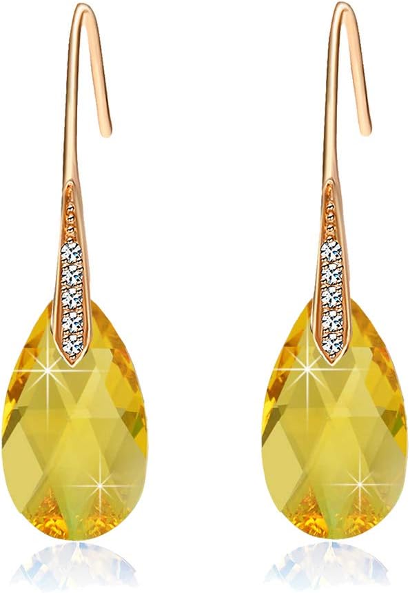 Austrian Crystal Teardrop Dangle Earrings for Women Drop Hook Earring 14K Rose Gold Plated Hypoallergenic Jewelry (Yellow)