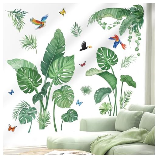 wondever Stickers Muraux Feuilles de Palmier Vertes Autocollants Muraux Mural Stickers Plantes Tropicales Oiseaux pour Salon Chambre Bureau