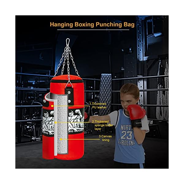Punching-Bag-for-Age-4-15-Kids-youth-Unfilled-Hanging-Boxing-Bags-Boxing-Set-with-Gloves-Chain-boxing-gear-Workout-Equipment-punching-dummy-Training-Fitness-for-Hanging-Stand-80-lbs-to-110-lbs-outside Kids Punching Bag Set Gloves Included Chain and Hook Included, Training in Martial Arts / Boxing, Kids Punching Bag for Ages 5 - 12, Premium PU Leather for Indoor Use Filling Not Included