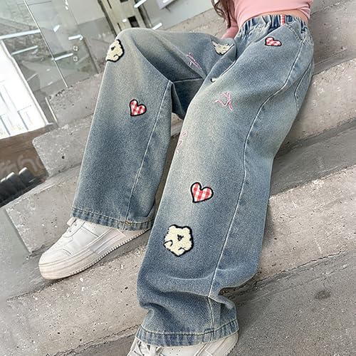 Girls Baggy Wide Leg Jeans Cute Embroidered Y2K Denim Pants High Elastic Waisted Casual Loose Streetwear Jeans Trousers4