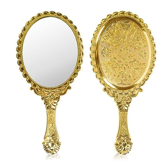 BANIRA Unique Plastic Oval Handheld Mirror with Handle for Personal Makeup Vanity Portable Travel Skin Mirror, Pack of 1 (Golden)