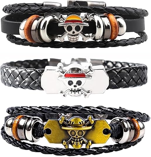 One Piece 3Pcs Anime Leather Bracelets, Skull Punk Alloy Cuff Wristband