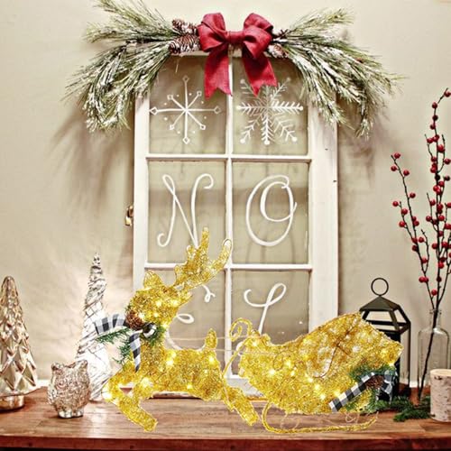 GAOMON Gold Reindeer Christmas Decor, Metal Frame Christmas Reindeer with Sleigh, Tabletop Reindeer Statue Christmas Decor, Lighted Deer Figurine, Battery Operated Glittering Xmas Holiday Party Supply