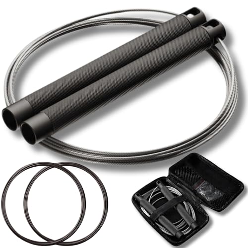 Jump Rope Set - Adjustable Speed Jump Rope - 2x Steel Coated Ropes, Carrying Case - Aluminum Anti Slip Handles with Double Ball Bearings for Double Unders, CrossFit, Boxing & Home Workout for Men & Women