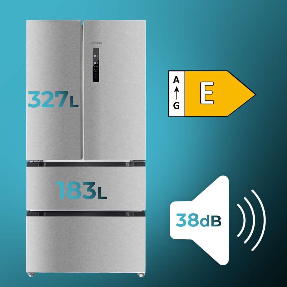 Cecotec Frigorífico Puerta Francesa Bolero CoolMarket FD 510 Inox Total E | Capacidad 510L, Americano 4 Puertas, Alto 183cm y Ancho 84cm, Bajo consumo, Total NoFrost, Modos Fast Cooling y Fast Freezing