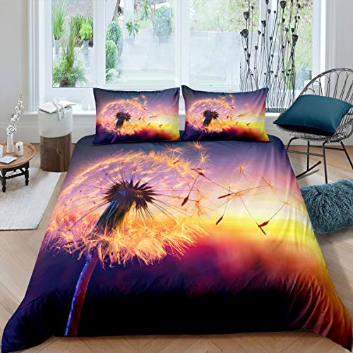 Dandelion Comforter Set Full Sunset Bedding Set Romance Style Girl Boys Teen Bedding Comforter Cover 3 Pieces Ultra Soft Botanical Nature Pattern Decor Adult Women Bedding Set with Zipper Ties