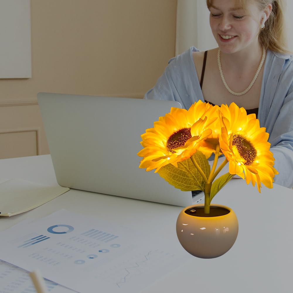Lampada da Tavolo Girasole con Vaso in Ceramica Simulazione Fiore Luce d'Ambiente USB Ricaricabile Ornamenti per La Casa Soggiorno Matrimonio Desktop Decor