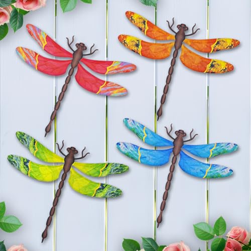 Eoorau 4 Pcs Large Metal Dragonfly Outdoor Wall Art Hanging Decorations