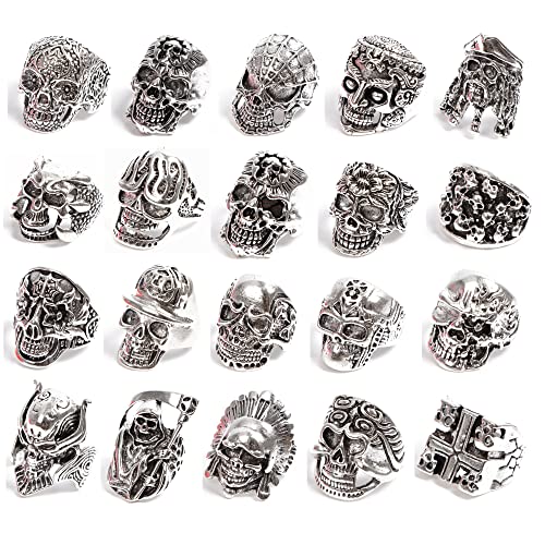 Wholesale 20Pcs Punk Biker Gothic Skull Rings For Men Mix Styles Silver Color Plated Party Jewelry Accessories Gifts