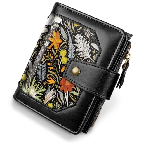 Image of Women Leather Wallet RFID Blocking Small Bifold Zipper Pocket Wallet Card Case Purse with ID Window, Dried Flowers
