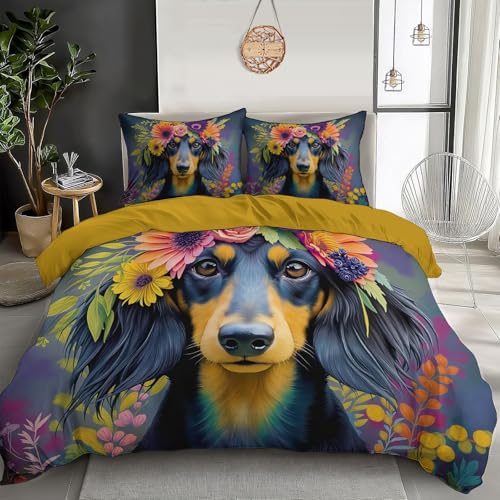 Housse de Couette Teckel Réversible 140x200 Linge de Lit Microfibre Floral