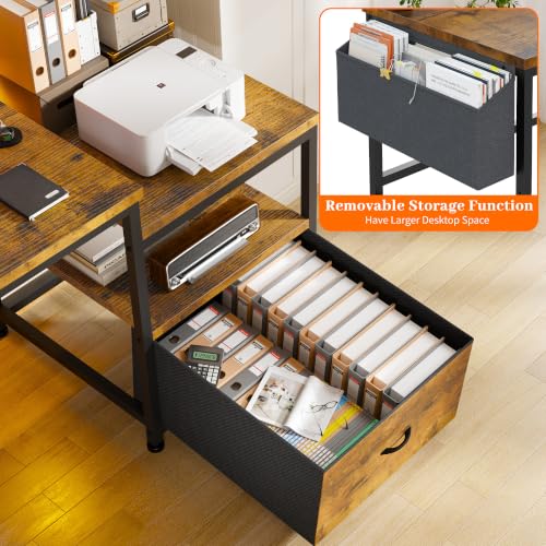 Image of EnHomee 56.5 inch Office Desk with Drawers & Printer Space for Home Work,Brown | Computer Desk with 3 AC Outlets& 2 USB Ports,40 inch*7 inch Long Monitor Stand,Side Pockets with Storage Space,Home Office,Bedroom