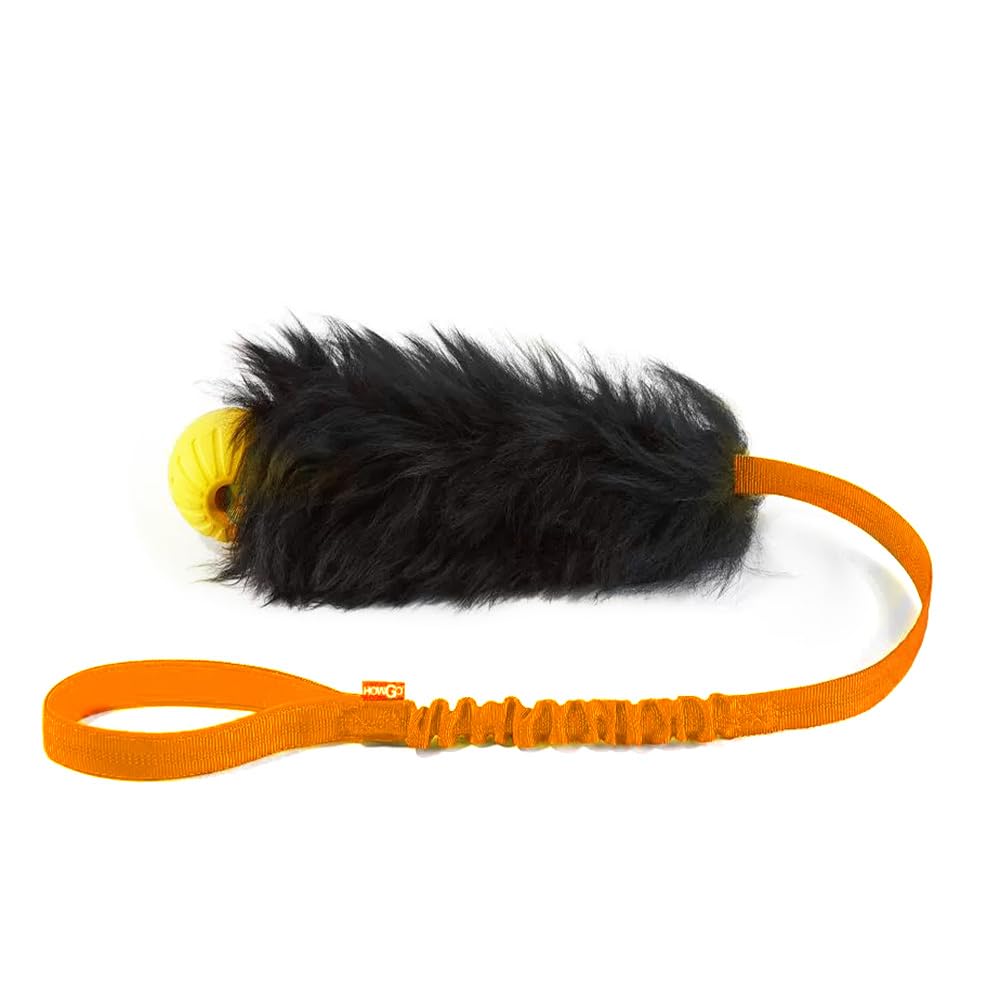 HOWGO Dog Rope Toy,Dog Bungee Chaser 100% Sheepskin,Sheep Smell Tug Toy for All Breeds (Orange, with rubber ball)