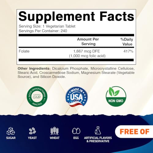 Image of Vitamatic Folic Acid 1000 mcg (1 mg), 240 Vegetarian Tablets | Vitamin B9 (Pack of 3)