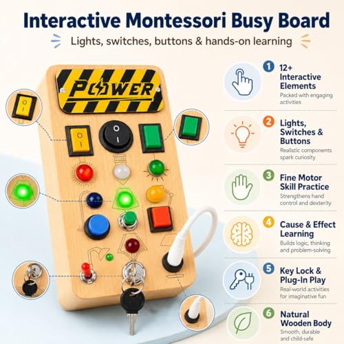 Image of Busy Board for Toddlers | Montessori Toy with Switches, Buttons & Activities | Portable Wooden Busy House | Educational Toy for Baby Boys & Girls Age 2 3