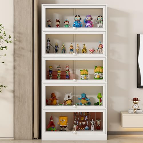 Image of 5-Tier Display Cabinet with Acrylic Glass Door Curio Display Case for Collectibles Toy Organizers Rack & Display Shelf Kids Bookshelf for Home, Office, Playroom, Living Room（White）