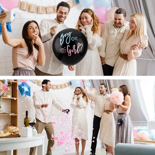 Image of Gender Reveal Balloon, 36 Inch Black Gender Reveal Balloon with Blue and Pink Heart Shape Confetti Big Boy or Girl Balloon Kit for Baby Genders Reveal Ideas Party Decorations Baby Shower Party Supplie