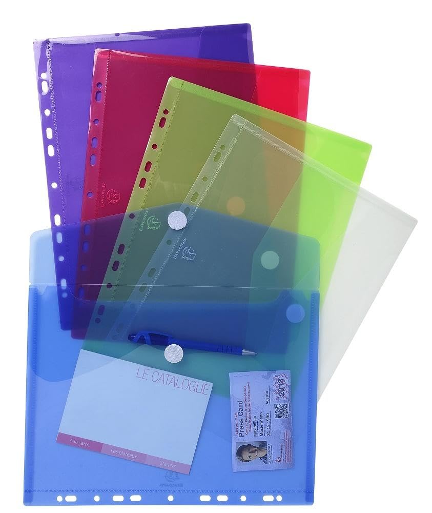 Exacompta 57380E Koperta na dokumenty, A4, z wytrzymałego tworzywa sztucznego PP 200μ, z zapięciem na rzep i klapką, dziurkowanie do segregatora, 5 sztuk różne kolory