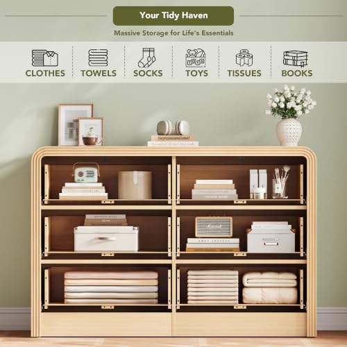 Image of Decofy Fluted 6 Drawers Dresser, 47.2'' Wide Chest of Drawers for Bedroom | Round Edge & Metal Handle, Modern Wood Drawer Organizer for Living Room, Entryway, Hallway, Oak