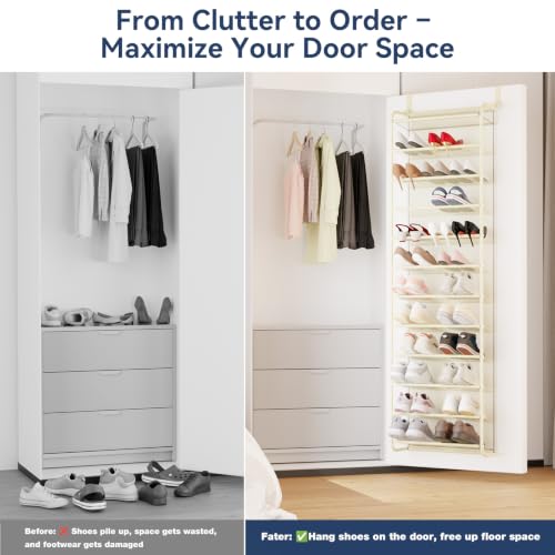 Image of Whitmor 36 Pair Over the Door Shoe Rack,12 Tier Hanging Shoe Organizer with Metal Frame & Mesh Shelves, Heavy Duty Shoe Storage Holder for Door, No Drill Installation, 74 inch H x 21.7 inch W x 7.5 inch D, Beige