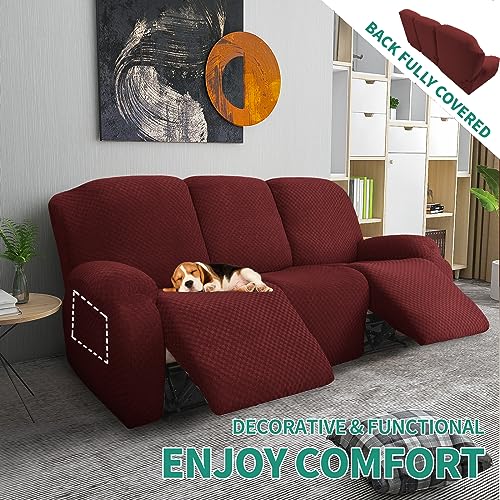 Image of YEMYHOM 8 Pieces Stretch Recliner Sofa Cover Jacquard Reclining Couch Cover with Side Pocket Anti-Slip Fitted 3 Cushion Furniture Slipcovers with Elastic Bottom (Large, Wine Red)