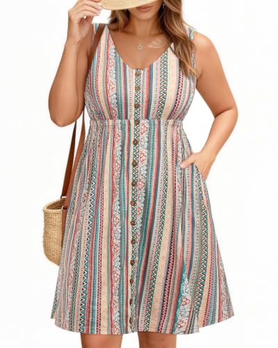 Image of Holipick Women's Plus Size Summer Dresses for Women Casual Dress with Pockets A-Line Swing Button Down Sleeveless V Neck