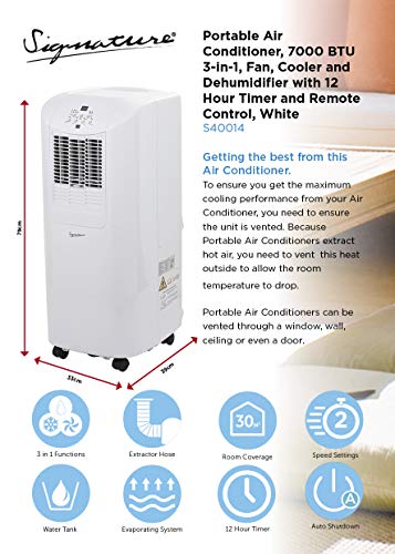 Signature S40014 Portable Air Conditioner, 7000 BTU 3-in-1, Fan, Cooler and Dehumidifier with 12 Hour Timer, Thermostatic Cut Off, Auto Shut Down, Overheat Protection, R290, Remote Control, White - Image 4