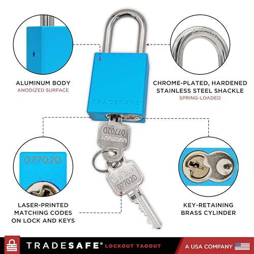 Image of TRADESAFE Lockout Tagout Locks Set - 10 Blue Aluminum Loto Locks, Lock Out Tag Out Padlocks Keyed Alike, 2 Keys Per Lockout Padlock, OSHA Compliant