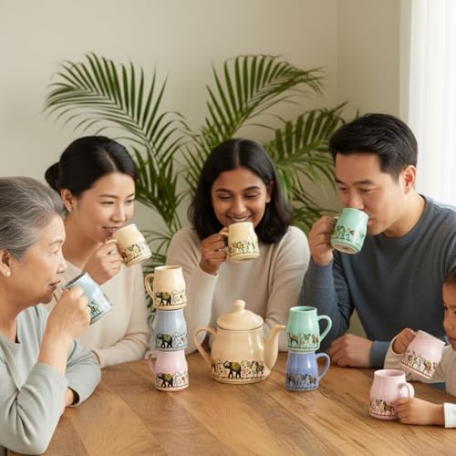 Image of Premium Ceramic Tea Set with Teapot and 6 Cups, Multi Elephant Design, Traditional Indian Theme (Multicolor)