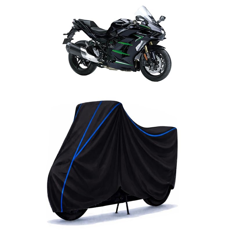 Image of Ninja H2 SX Bike Cover Water Resistant Universal Motorcycle Rain | Heavy Duty UV Protection, Dust, Scratch Indoor Outdoor All Weather with Black Blue Piping Elastic