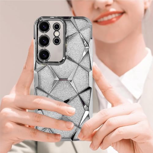 Image of VONZEE Gradient Glitter Case for Samsung S25 Ultra, Luxury Electroplated 3D Cube, Diamond Bling Shiny Soft TPU Clear Shockproof Women Girls Protective Phone Cover (Silver)