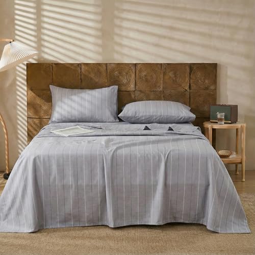 Image of Merryword Gray Pinstripe Sheet Set Queen Size - 100% Cotton Striped Bedding 4 Pieces, Soft Breathable Percale Weave, 17.5 inch Deep Pocket, Luxury Linen Like, All Season Comfort