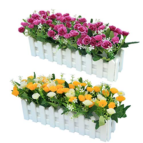 XuanMax 2pcs Artificial Carnation Flowers with Wooden Fence Silk Decorative Flowers Fake Bonsai Artificial Plants in Pots for Mother's Day Anniversary Window Balcony Home Office Decor - Purple+Yellow