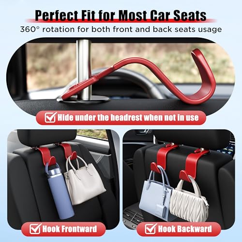 Image of Car Seat Headrest Hook 4 Pack Hanger Storage Organizer Universal for Handbag Purse Coat Universal fit Vehicle Car Red with Clip