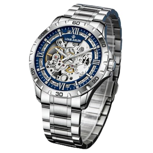 Image of Skeleton Automatic Mechanical Watch Mens Business Luxury Gift Steel Band | Stainless Steel Waterproof Male Golden Wristwatch Luminous Markers & Hands Hardlex Mirror Butterfly Double Button