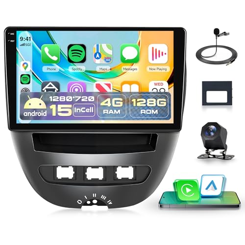 Rimoody 4G+128G for Citroen C1/Peugeot 107/Toyota Aygo 2004-2014 Car Stereo Wireless CarPlay Android Auto, Android Car Radio 10.1'' In-Cell Touch Screen/GPS/Bluetooth/FM RDS/EQ/Wi-Fi/Rear Camera