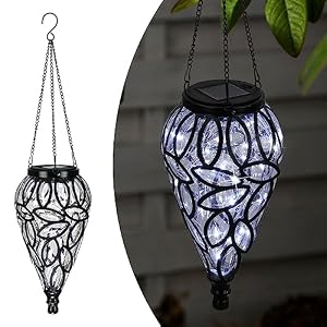 Solar Hanging Lantern Outdoor Lights, Tear-Shaped 15 LEDs Cool White Hanging Lights with S Hooks Decor in Garden, Yard, Pathway, Front Door and Landscape Solar Hanging Lantern Outdoor Lights Tear Shaped 15 LEDs Cool White Hanging Lights with S Hooks Decor in Garden Yard Pathway Front Door and Landscape