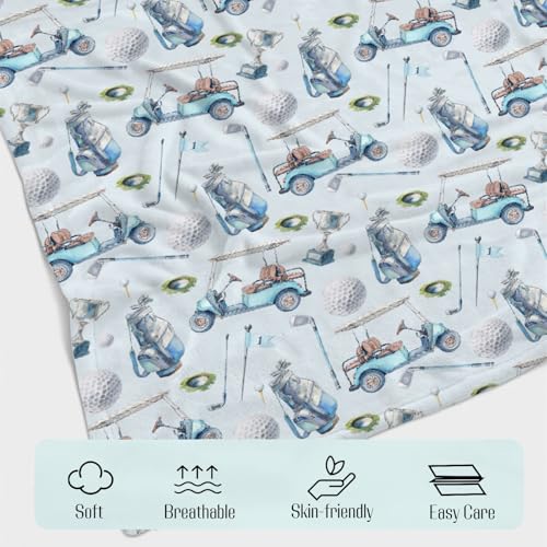 Image of Baby Boys Blankets Golf Gear Sport, Watercolor Blue Ball Glove Car Stick Soft Lightweight Nursery Receiving Swaddle, Flannel Newborn Infant Toddler Crib Bedding Kids Gift 30 x 40 in