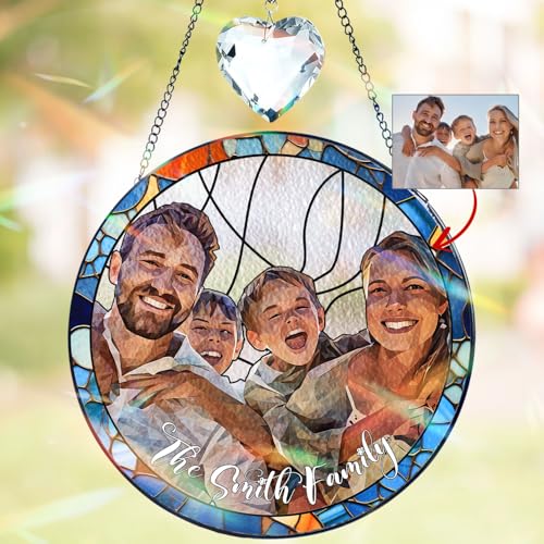 Custom Family Portrait Stained Glass Suncatcher, Transform Your Photos Into Art - Personalized Window Stained Glass, Family Memorial Gifts, Custom Name Photo Memorial Ornament Window Hanging