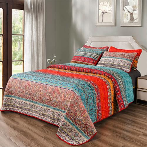 YASMENG Parure de lit 3 pièces en microfibre colorée à rayures exotiques pour grand lit, rouge et bleu, motif mandala ethnique, vintage, pour toutes les...