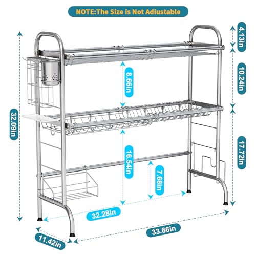 Image of HOWDIA Stainless Steel 2-Tier Over The Sink Dish Drying Rack with Utensil Holder, Large, for Kitchen Counter