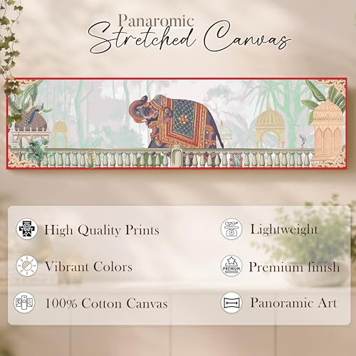 Image of Royal Indian Elephant Vastu Canvas Wall Art Painting For Living Room, Traditional Palace Scene Elephant Painting, Vintage Heritage Panoramic Garden Wall Art For Home & Office, 12x46 Inch