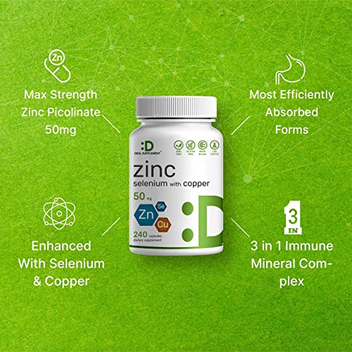 Zinc 50Mg With Selenium 200Mcg + Copper, 240 Capsules, 8 Month Supply, 3 In 1 Mineral Formula, Zinc Picolinate Complex Supplement, Supports Healthy Immune System For Adults And Kid #TOP4