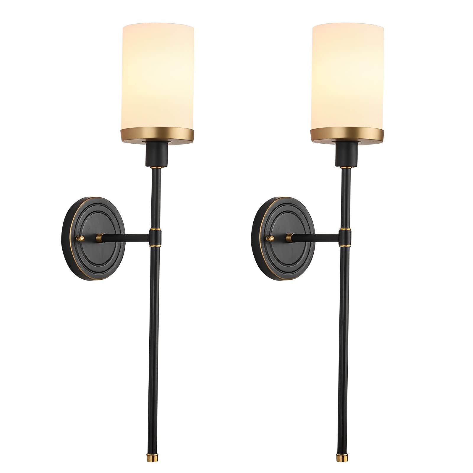 MESOVFCA Set of 2 Brass Wall Sconce Lighting with Black Finish - Bathroom Vanity Light Fixture - Modern Indoor Interior Bedroom Wall Sconces with Frosted Opal White Glass Shade